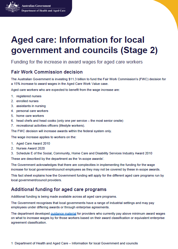 Cover page for the Aged care – Information for local government and councils (Stage 2)