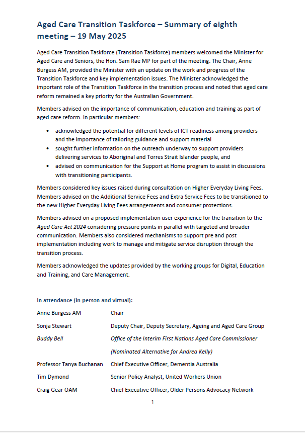 Aged Care Transition Taskforce – Summary of eighth meeting – 19 May 2025