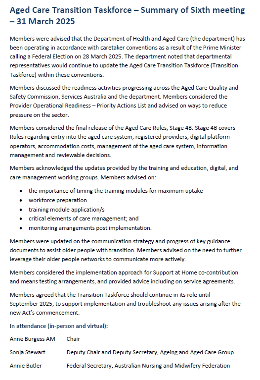 Aged Care Transition Taskforce – Summary of Sixth meeting – 31 March 2025
