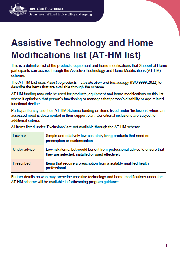 Cover page for the Assistive Technology and Home Modifications List (AT-HM List)