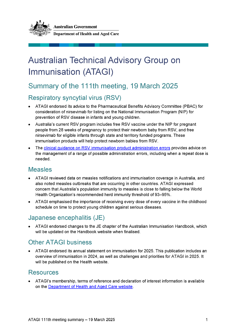 Australian Technical Advisory Group on Immunisation (ATAGI) Bulletin-01 (26 Mar 2025)