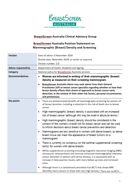 Cover page for the BSA Position statement on mammographic (breast) density and screening