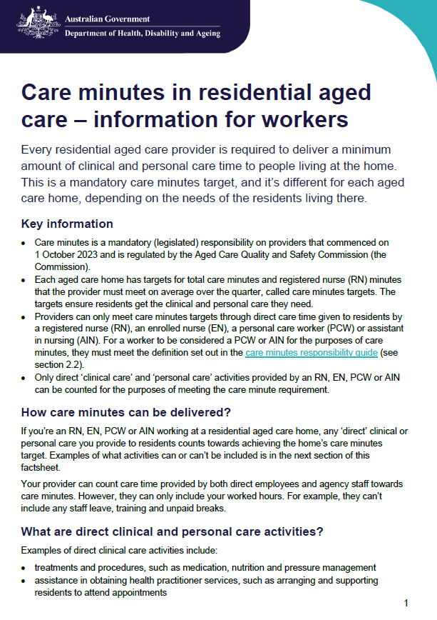 Cover page for the Care minutes in residential aged care – information for workers fact sheet