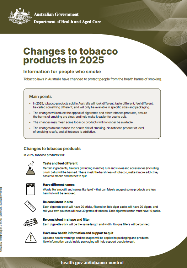 Cover page for Changes to tobacco products in 2025