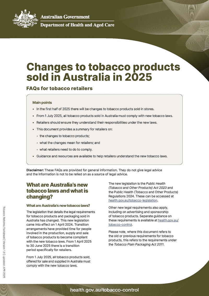 Changes to tobacco products sold in Australia in 2025
