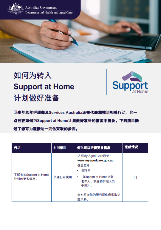 Chinese Simplified cover page for the Support at home Checklist 