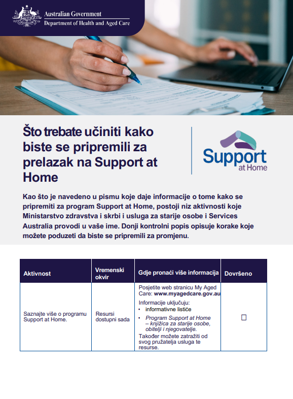 Croatian cover page for the Support at home Checklist