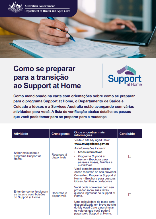 Portuguese cover page for the Support at Home Checklist
