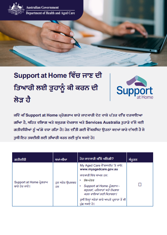 Punjabi cover page for the Support at home Checklist