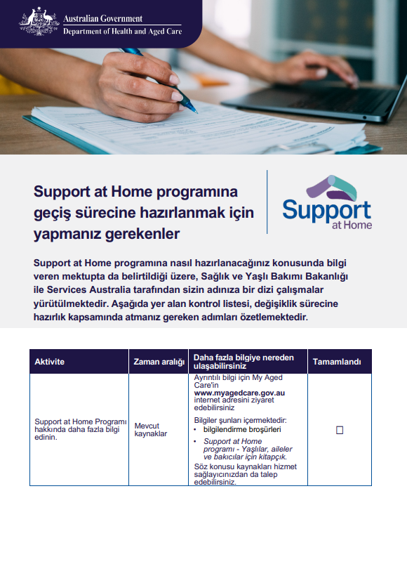 Turkish cover page for the Support at home Checklist