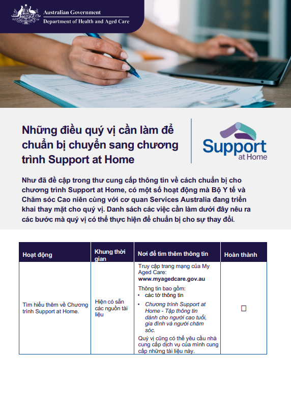 Vietnamese cover page for the Support at Home Checklist