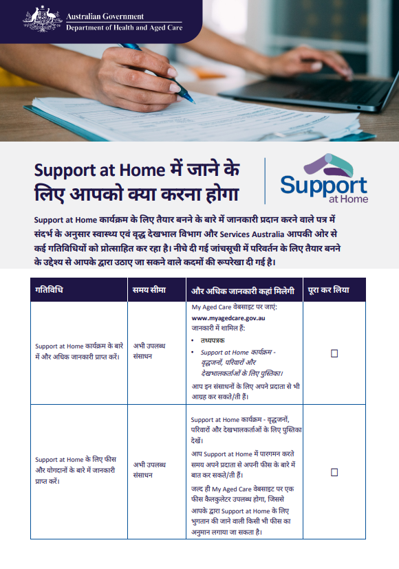 Hindi cover page for the Support at home Checklist