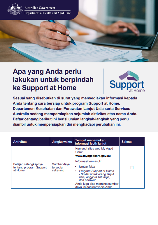 Indonesian cover page for the Support at Home Checklist