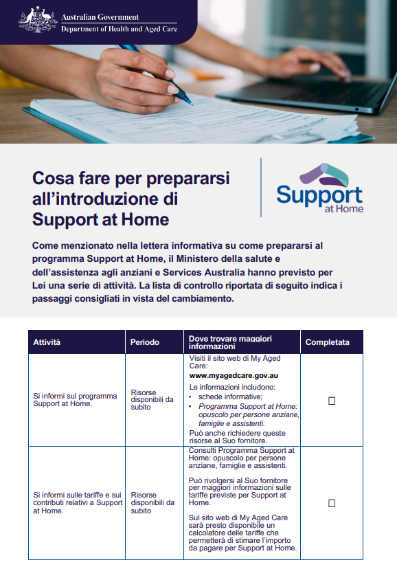 Italian cover page for the Support at Home Checklist