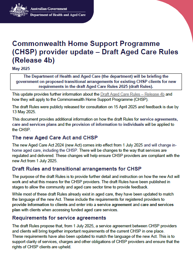 CHSP provider update – Draft Aged Care Rules (Release 4b)