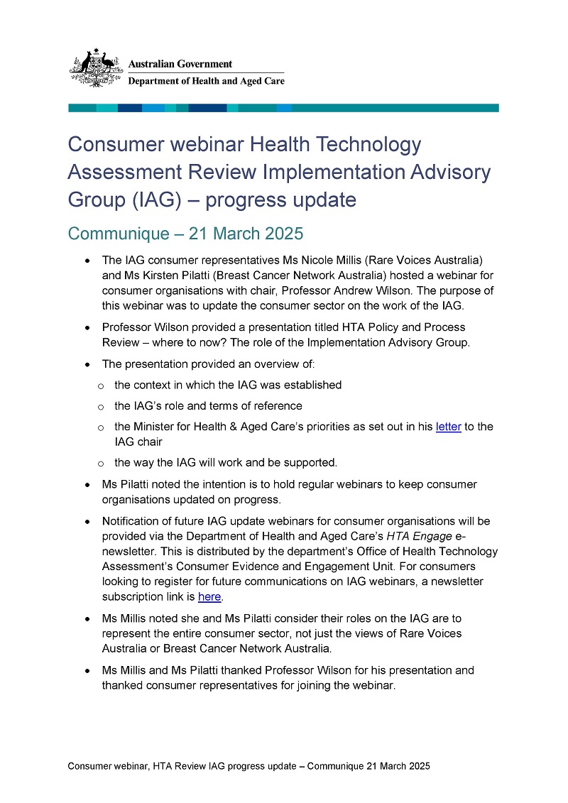 Health Technology Assessment Review Implementation Advisory Group (IAG) – progress update