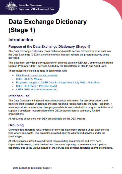 Cover page for the Data exchange dictionary