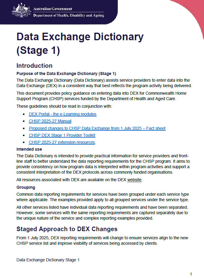 Cover page for the Data Exchange Dictionary (Stage 1)