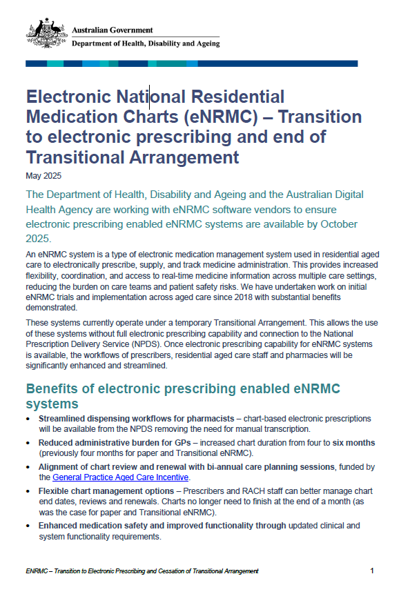 Cover page_Electronic National Residential Medication Charts (eNRMC) – Transition to electronic prescribing and end of Transitional Agreement – fact sheet