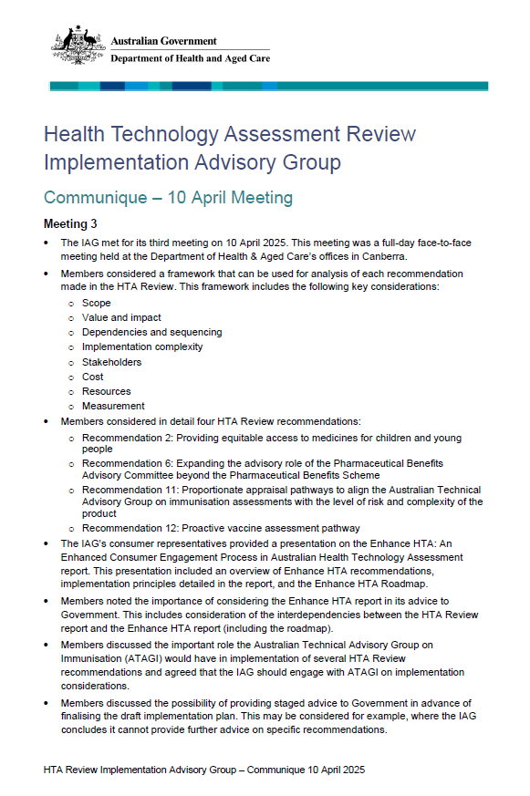 Health Technology Assessment Review Implementation Advisory Group – 10 April 2025