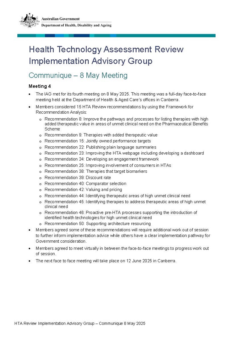HTA Review Implementation Advisory Group Communique (8 May 2025)