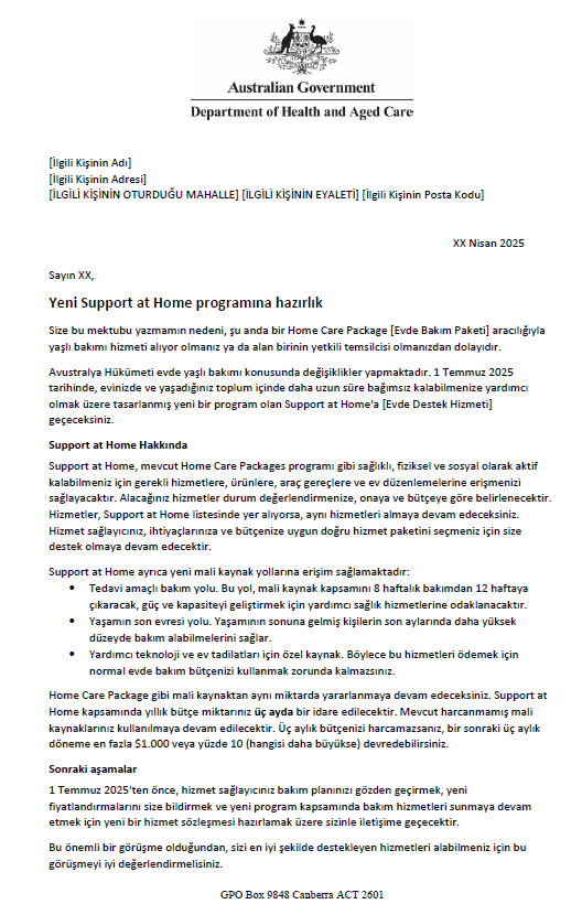 Turkish Letter to older people approved for Home Care Packages after 12 September 2024