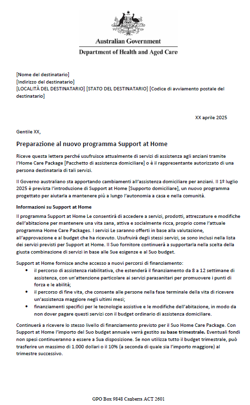 Italian Letter to older people approved for Home Care Packages after 12 September 2024
