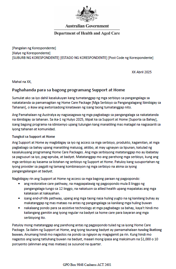 Filipino Letter to older people approved for Home Care Packages after 12 September 2024
