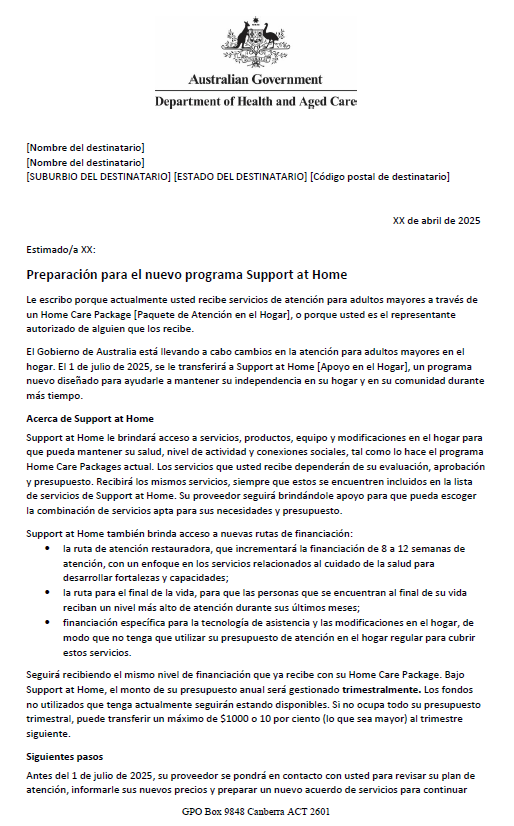 Spanish Letter to older people approved for Home Care Packages after 12 September 2024