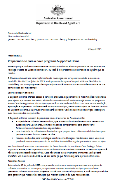Portuguese Letter to older people approved for Home Care Packages after 12 September 2024