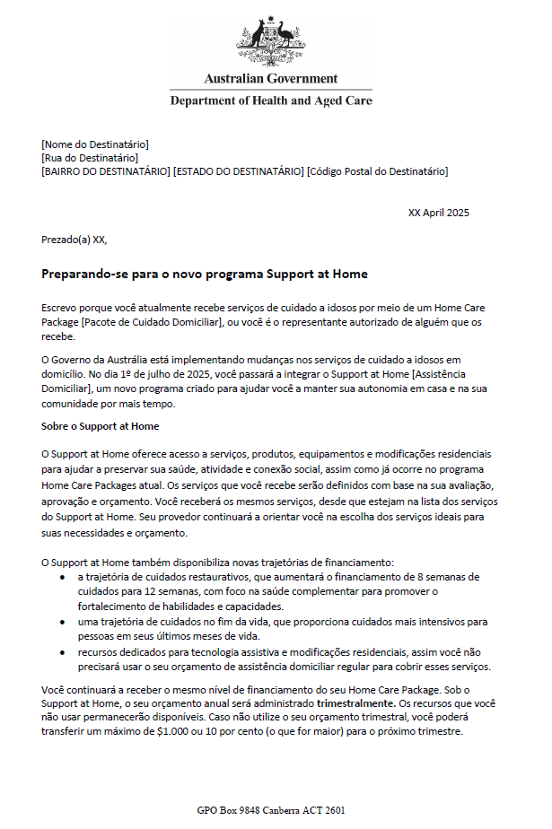 Portuguese Letter to older people approved for Home Care Packages before 12 September 2024