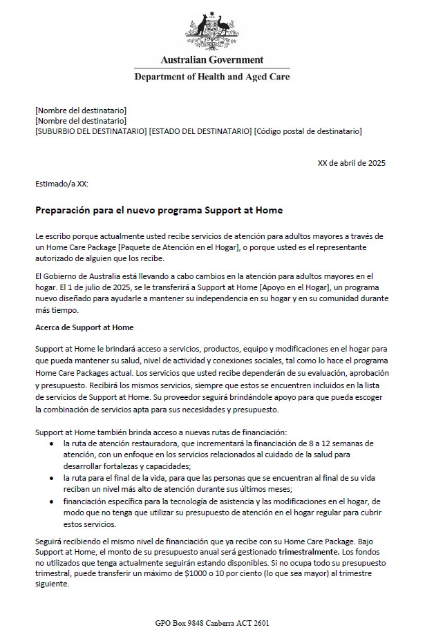 Spanish Letter to older people approved for Home Care Packages before 12 September 2024