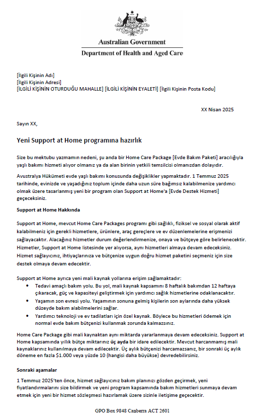 Turkish Letter to older people approved for Home Care Packages before 12 September 2024