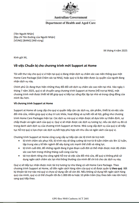 Vietnamese Letter to older people approved for Home Care Packages before 12 September 2024