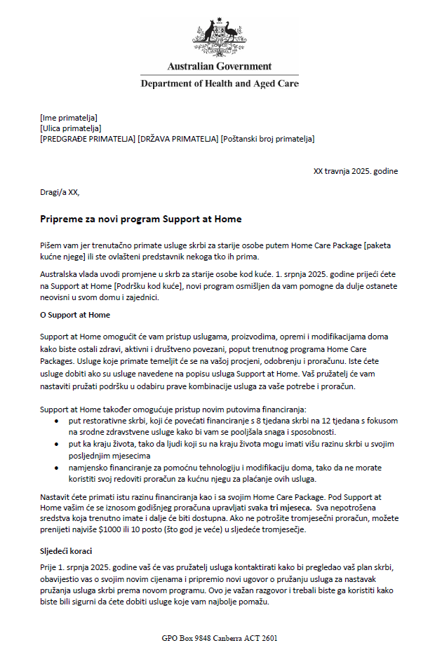 Croatian Letter to older people approved for Home Care Packages before 12 September 2024