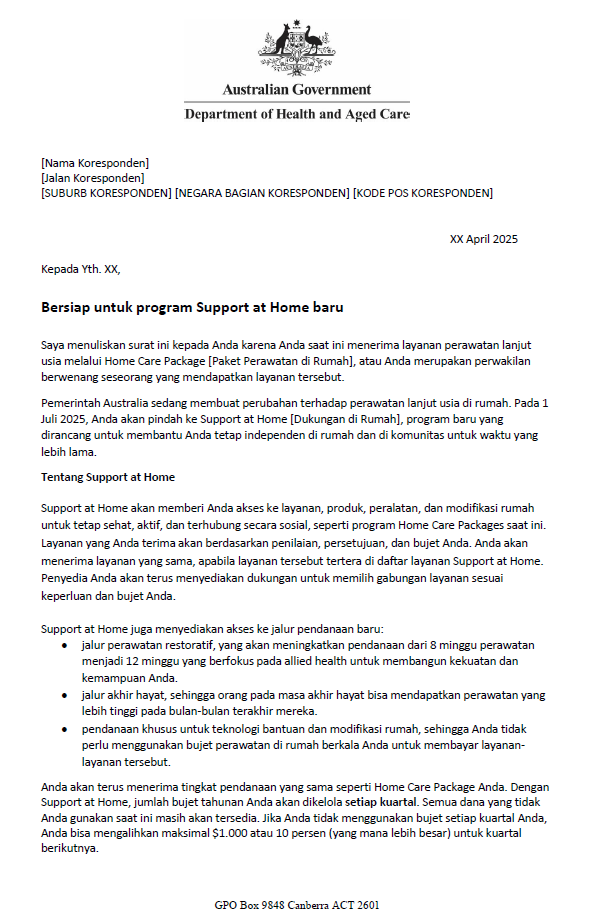 Indonesian Letter to older people approved for Home Care Packages before 12 September 2024