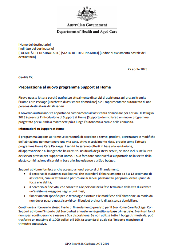 Italian Letter to older people approved for Home Care Packages before 12 September 2024