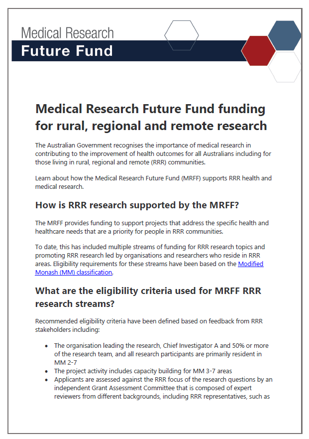 Cover page for the Medical Research Future Fund funding for rural, regional and remote research