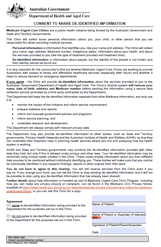 Cover page for the Medicare UCC – Consent form for patients v2.0