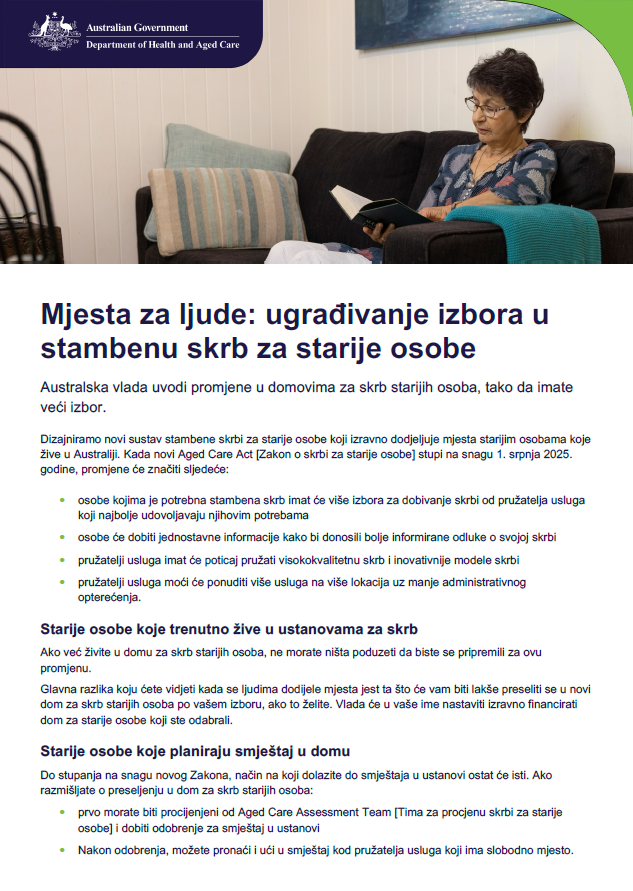Croatian cover page for Places to people – Embedding choice in residential aged care