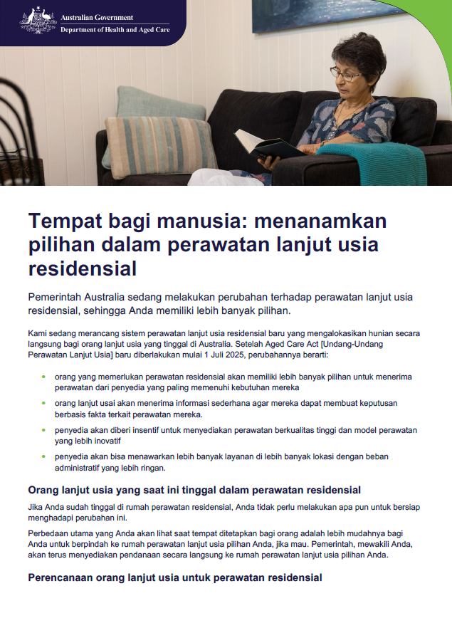 Indonesian cover page for Places to people – Embedding choice in residential aged care