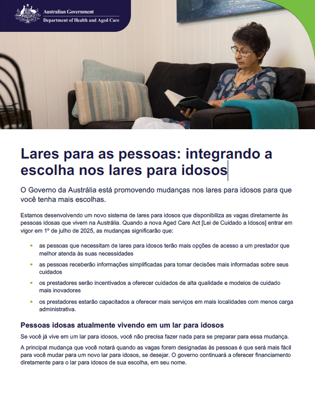 Portuguese cover page for Places to people – Embedding choice in residential aged care