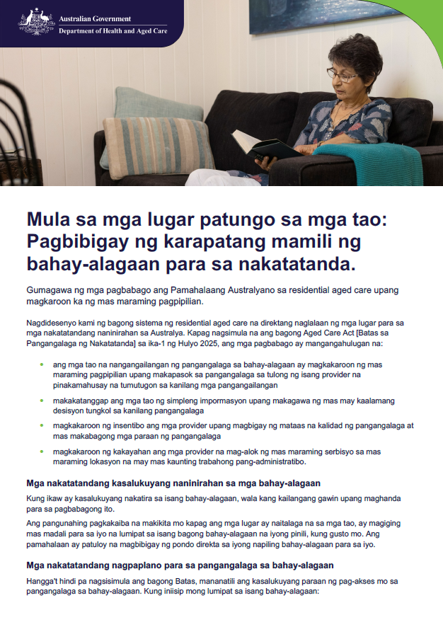 Tagalog cover page for Places to people – Embedding choice in residential aged care