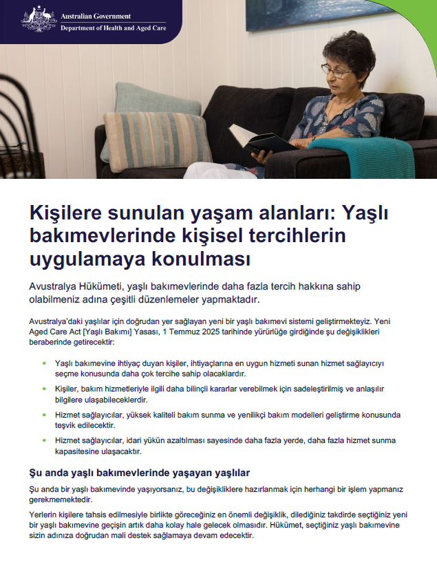 Turkish cover page for the Places to people – Embedding choice in residential aged care