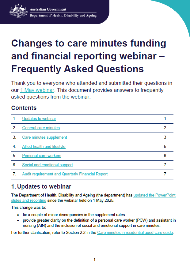 Residential aged care financial reporting and care minutes funding update  – Questions and answers