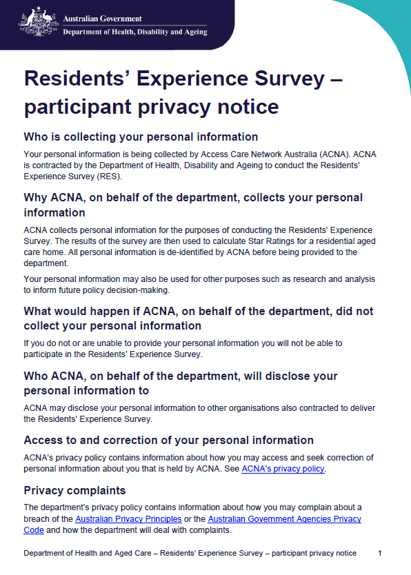 Residents’ Experience Survey – participant privacy notice (May 2025)