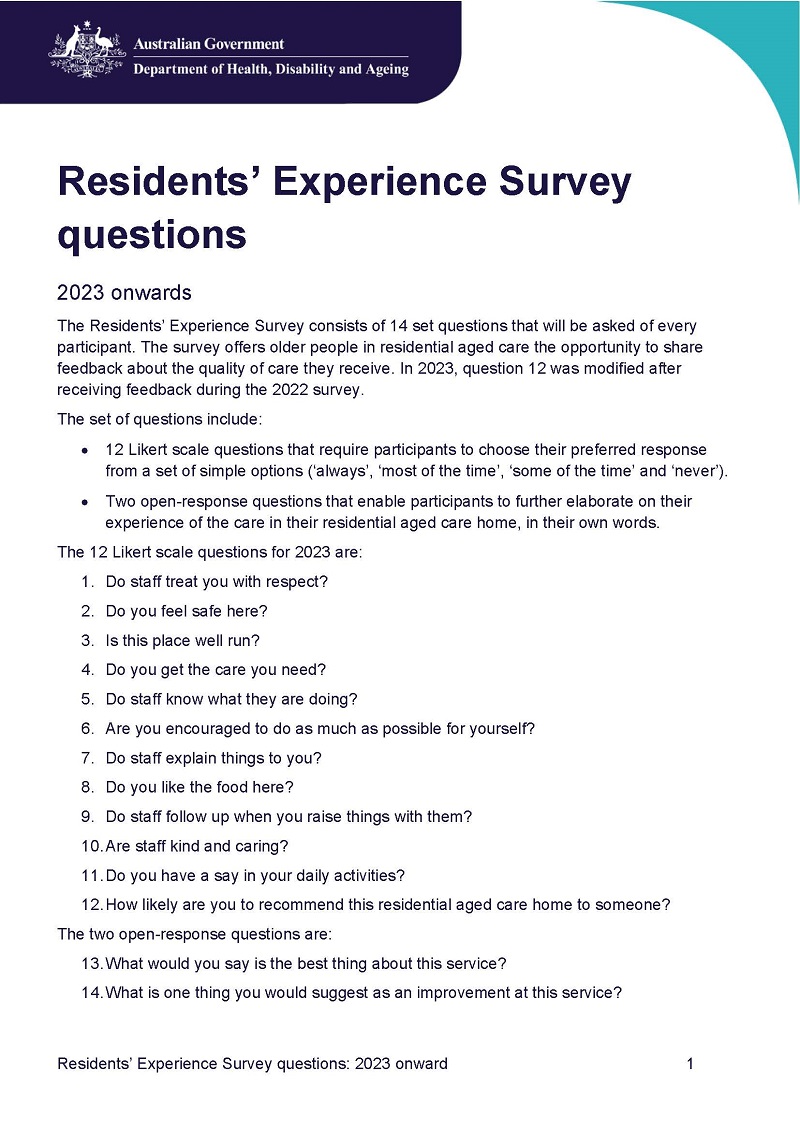 Residents’ Experience Survey questions (May 2025)
