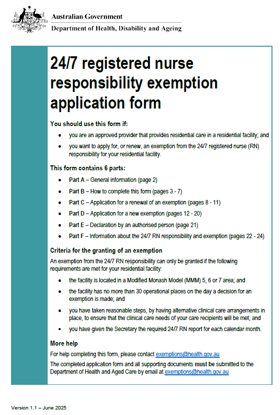 Cover image 24-7 registered nurse responsibility exemption application form (June 2025)