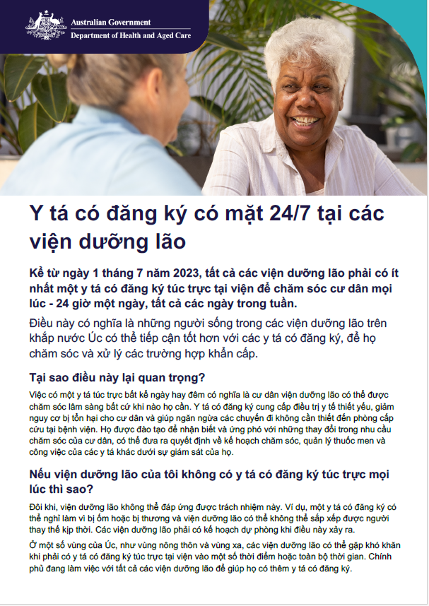 Tờ thông tin này giúp người cao tuổi, gia đình và người chăm sóc hiểu trách nhiệm của y tá có đăng ký, có mặt 24/7 tại các viện dưỡng lão.