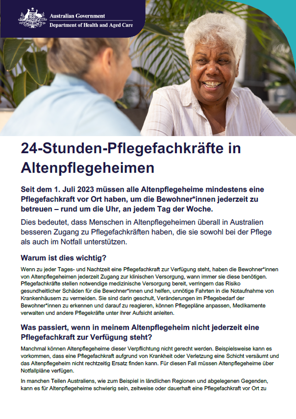 Dieses Merkblatt hilft älteren Menschen, ihren Familien und Pflegekräften, die Zuständigkeiten von 24-Stunden-Pflegefachkräften für die stationäre Altenpflege zu verstehen.
